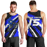 Custom Blue Motocross Men Tank Top with Dirt Bike Rider Graphic Design on Honeycomb Pattern - Wonder Print Shop