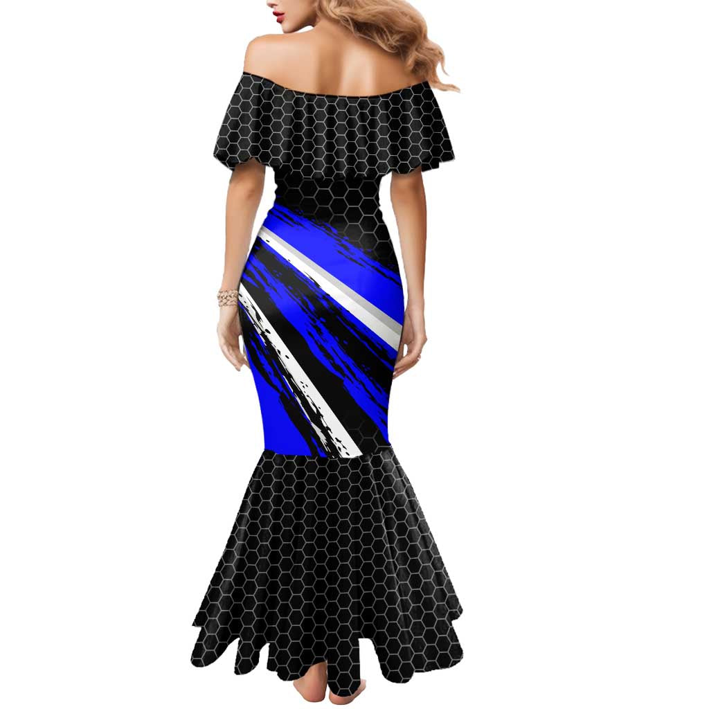 Custom Blue Motocross Mermaid Dress with Dirt Bike Rider Graphic Design on Honeycomb Pattern - Wonder Print Shop
