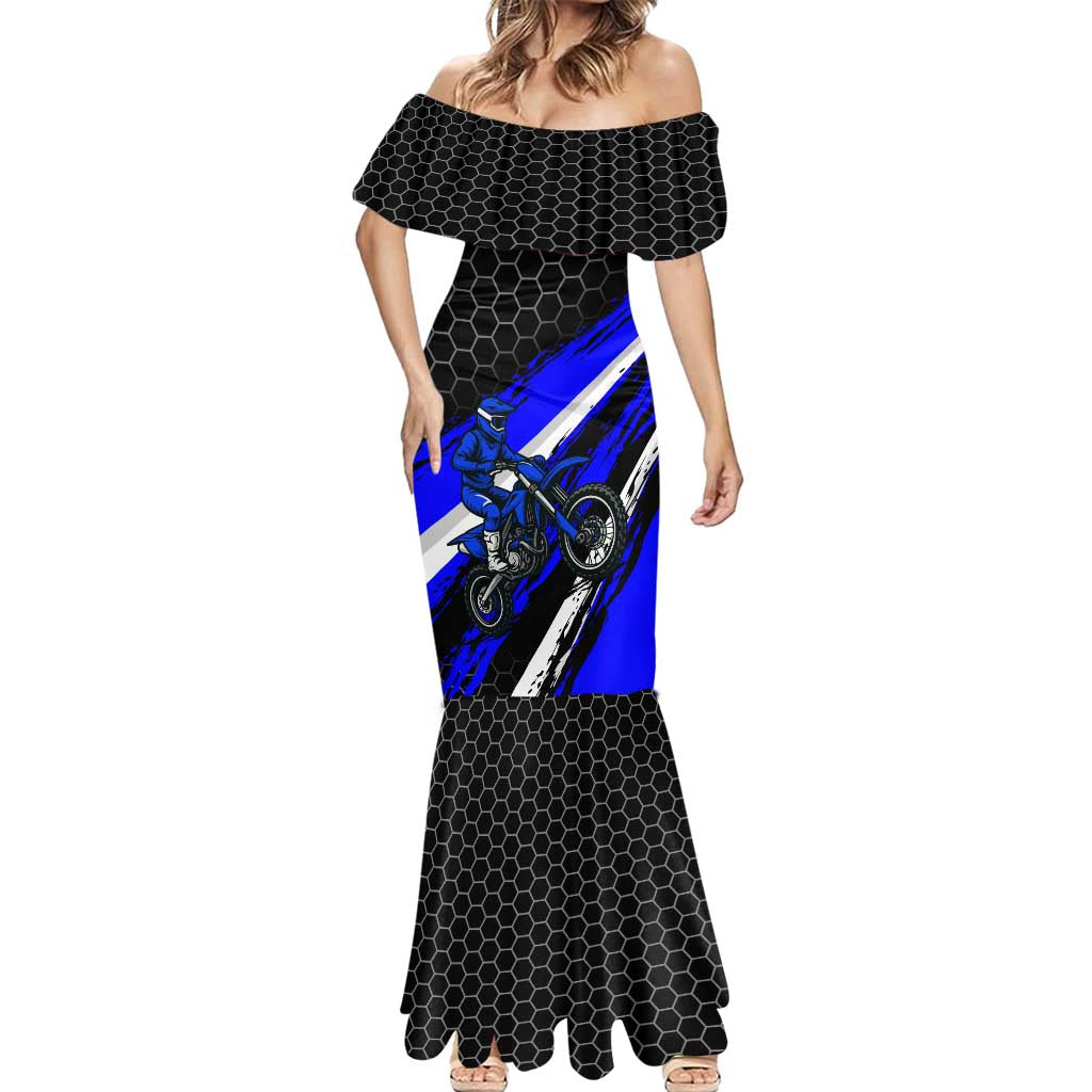 Custom Blue Motocross Mermaid Dress with Dirt Bike Rider Graphic Design on Honeycomb Pattern - Wonder Print Shop
