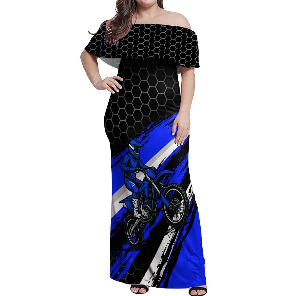 Custom Blue Motocross Off Shoulder Maxi Dress with Dirt Bike Rider Graphic Design on Honeycomb Pattern - Wonder Print Shop