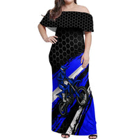 Custom Blue Motocross Off Shoulder Maxi Dress with Dirt Bike Rider Graphic Design on Honeycomb Pattern - Wonder Print Shop