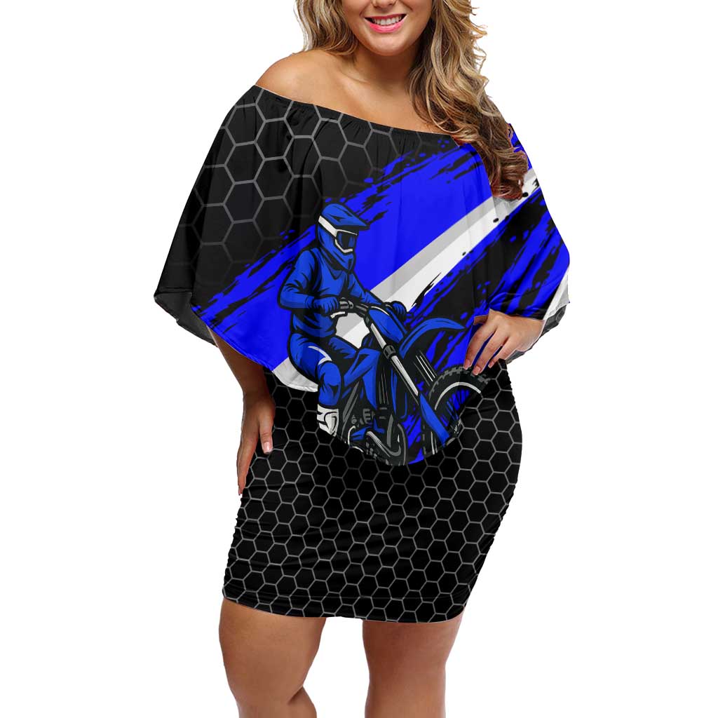 Custom Blue Motocross Off Shoulder Short Dress with Dirt Bike Rider Graphic Design on Honeycomb Pattern - Wonder Print Shop