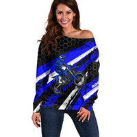 Custom Blue Motocross Off Shoulder Sweater with Dirt Bike Rider Graphic Design on Honeycomb Pattern - Wonder Print Shop