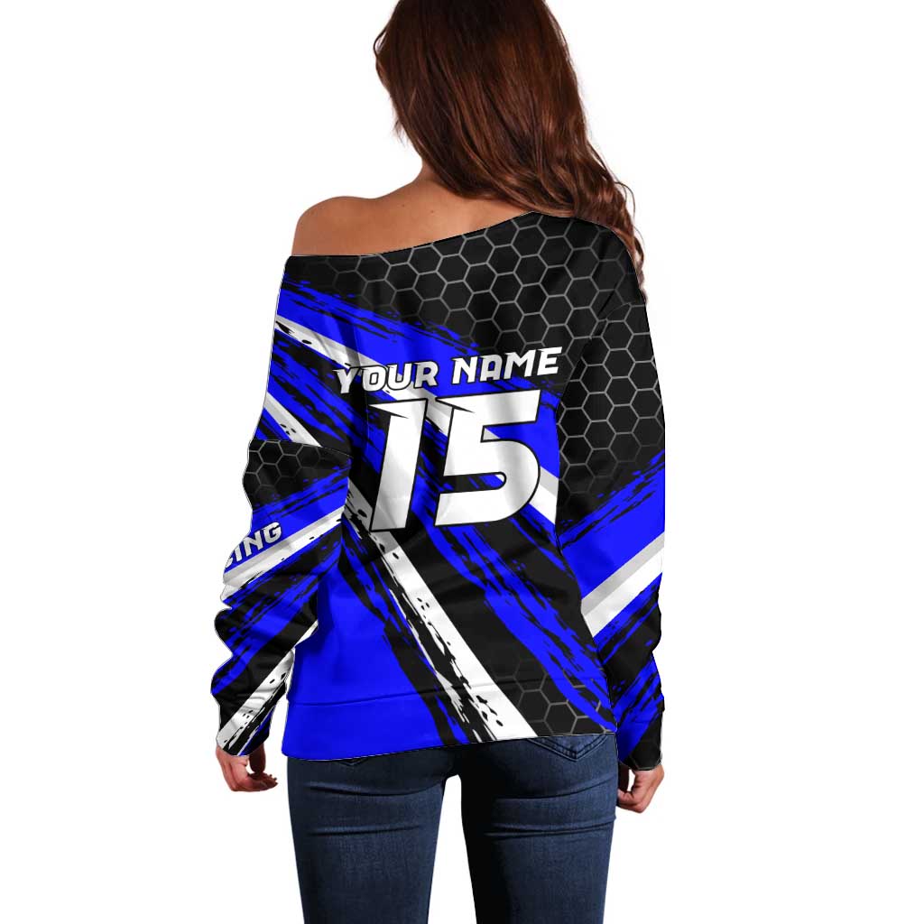 Custom Blue Motocross Off Shoulder Sweater with Dirt Bike Rider Graphic Design on Honeycomb Pattern - Wonder Print Shop