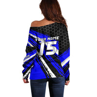 Custom Blue Motocross Off Shoulder Sweater with Dirt Bike Rider Graphic Design on Honeycomb Pattern - Wonder Print Shop