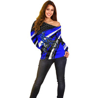 Custom Blue Motocross Off Shoulder Sweater with Dirt Bike Rider Graphic Design on Honeycomb Pattern - Wonder Print Shop