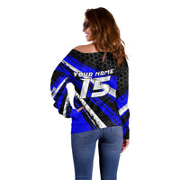 Custom Blue Motocross Off Shoulder Sweater with Dirt Bike Rider Graphic Design on Honeycomb Pattern - Wonder Print Shop