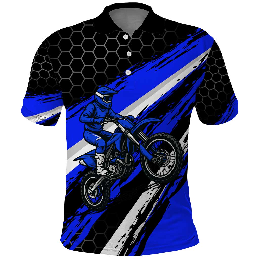Custom Blue Motocross Polo Shirt with Dirt Bike Rider Graphic Design on Honeycomb Pattern - Wonder Print Shop