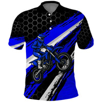 Custom Blue Motocross Polo Shirt with Dirt Bike Rider Graphic Design on Honeycomb Pattern - Wonder Print Shop