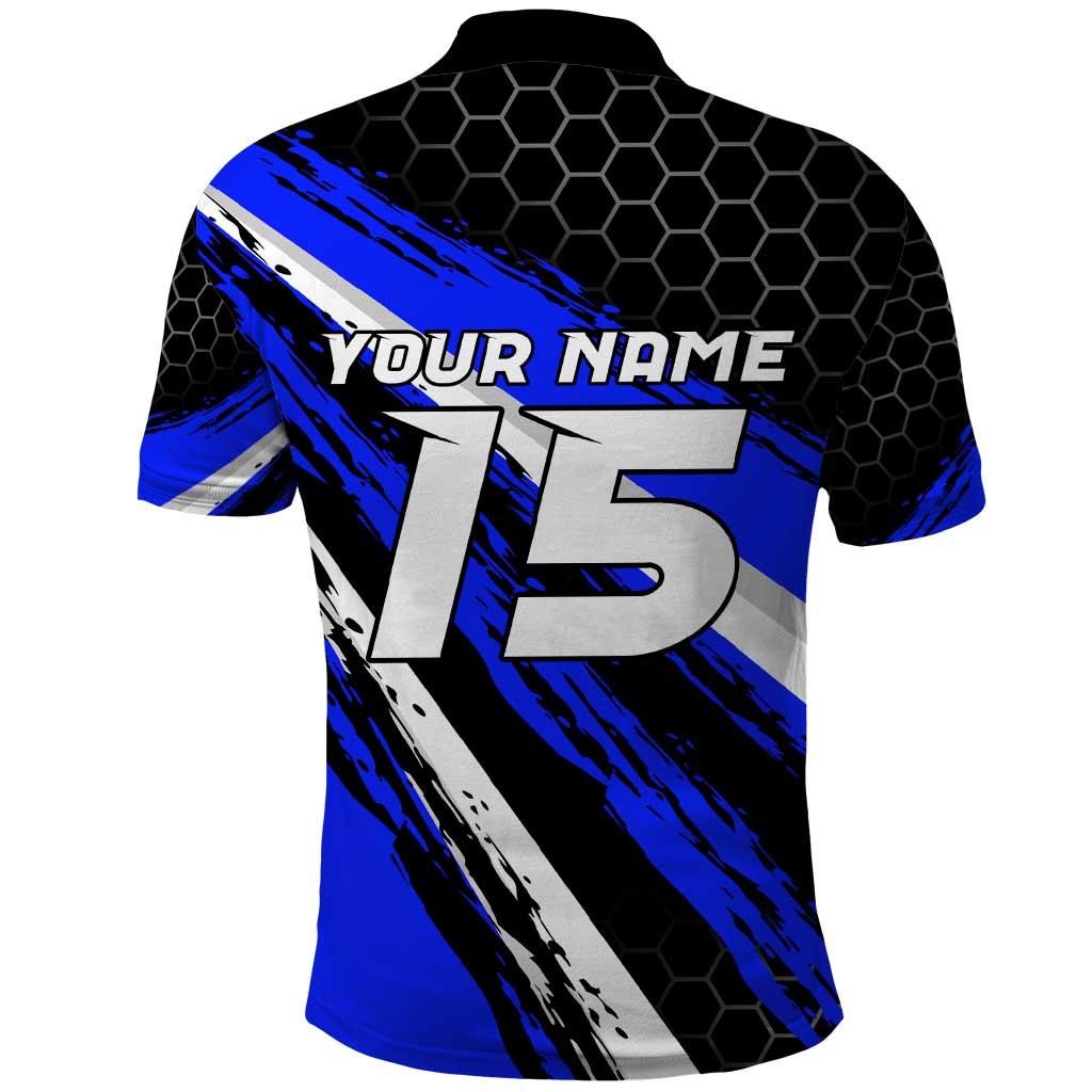 Custom Blue Motocross Polo Shirt with Dirt Bike Rider Graphic Design on Honeycomb Pattern - Wonder Print Shop