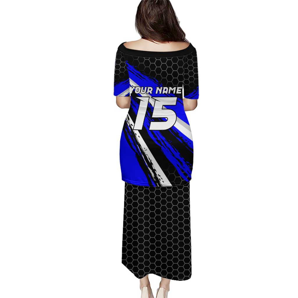 Custom Blue Motocross Puletasi with Dirt Bike Rider Graphic Design on Honeycomb Pattern - Wonder Print Shop