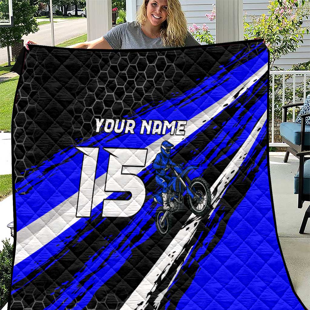 Custom Blue Motocross Quilt with Dirt Bike Rider Graphic Design on Honeycomb Pattern - Wonder Print Shop