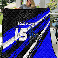 Custom Blue Motocross Quilt with Dirt Bike Rider Graphic Design on Honeycomb Pattern - Wonder Print Shop