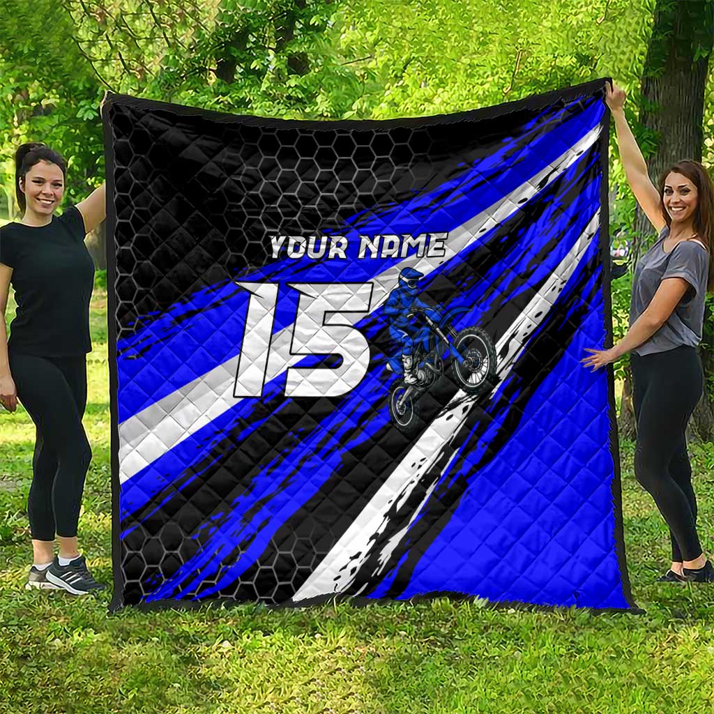 Custom Blue Motocross Quilt with Dirt Bike Rider Graphic Design on Honeycomb Pattern - Wonder Print Shop