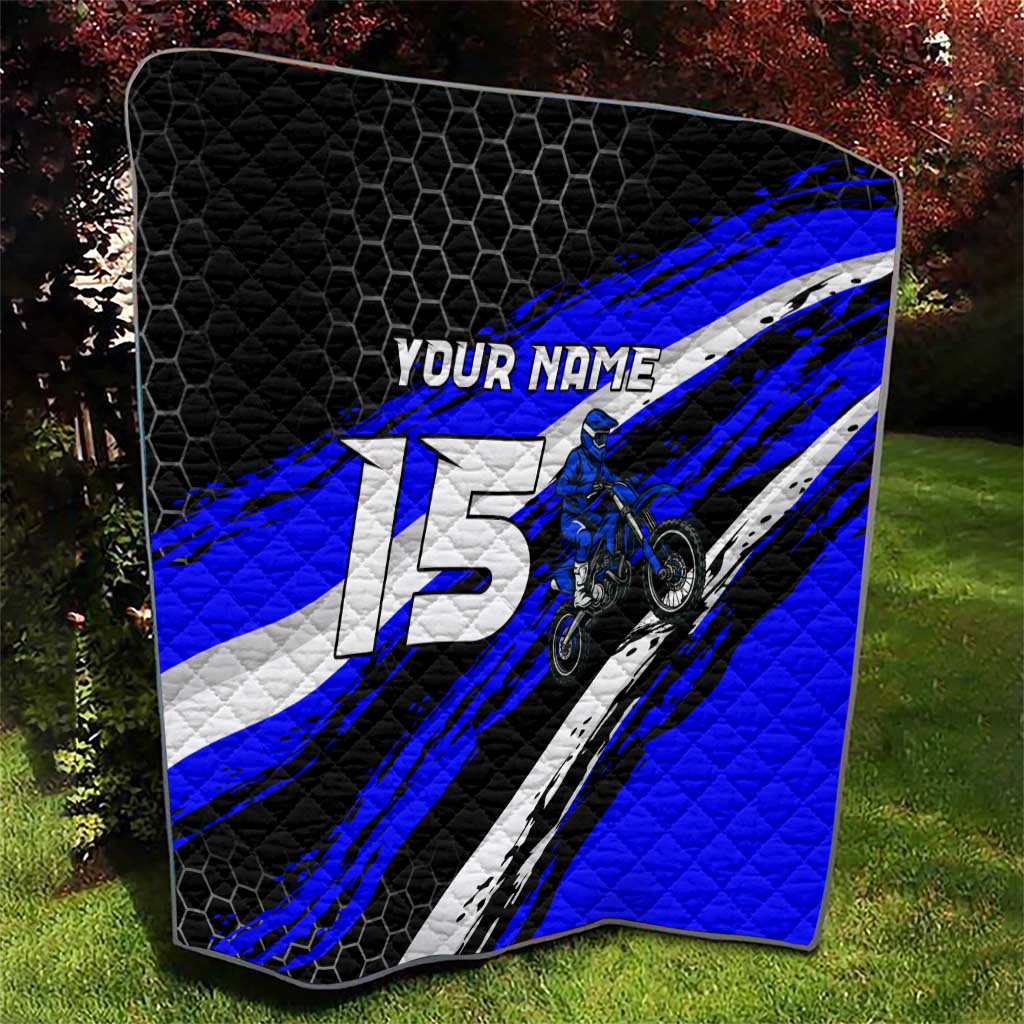 Custom Blue Motocross Quilt with Dirt Bike Rider Graphic Design on Honeycomb Pattern - Wonder Print Shop