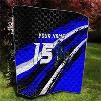 Custom Blue Motocross Quilt with Dirt Bike Rider Graphic Design on Honeycomb Pattern - Wonder Print Shop
