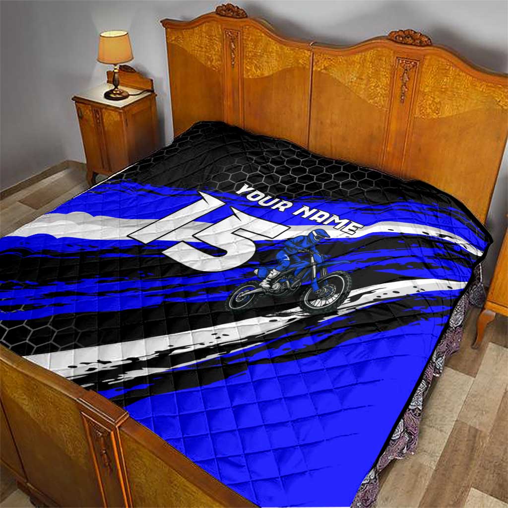 Custom Blue Motocross Quilt with Dirt Bike Rider Graphic Design on Honeycomb Pattern - Wonder Print Shop