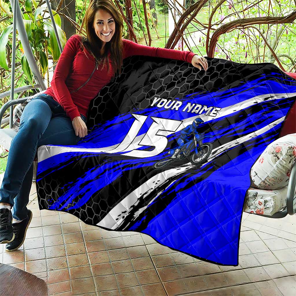 Custom Blue Motocross Quilt with Dirt Bike Rider Graphic Design on Honeycomb Pattern - Wonder Print Shop