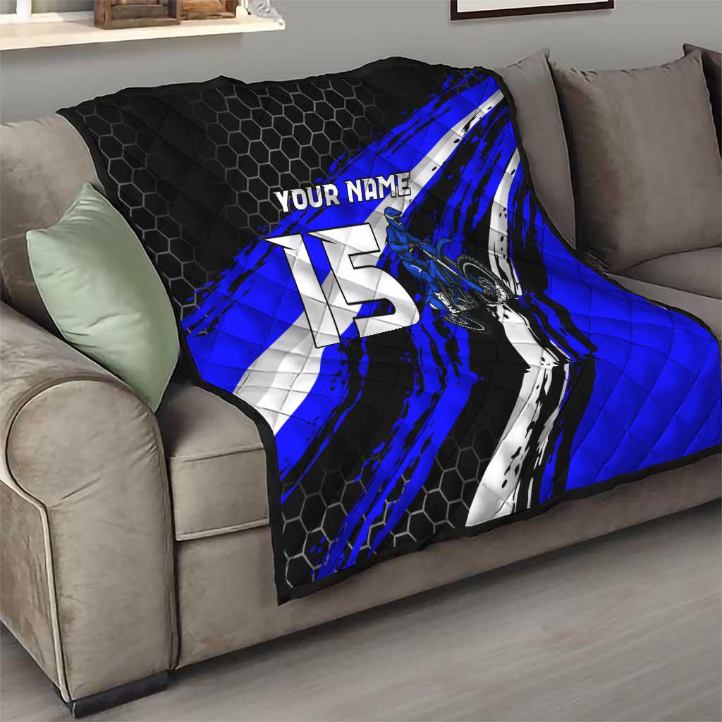 Custom Blue Motocross Quilt with Dirt Bike Rider Graphic Design on Honeycomb Pattern - Wonder Print Shop