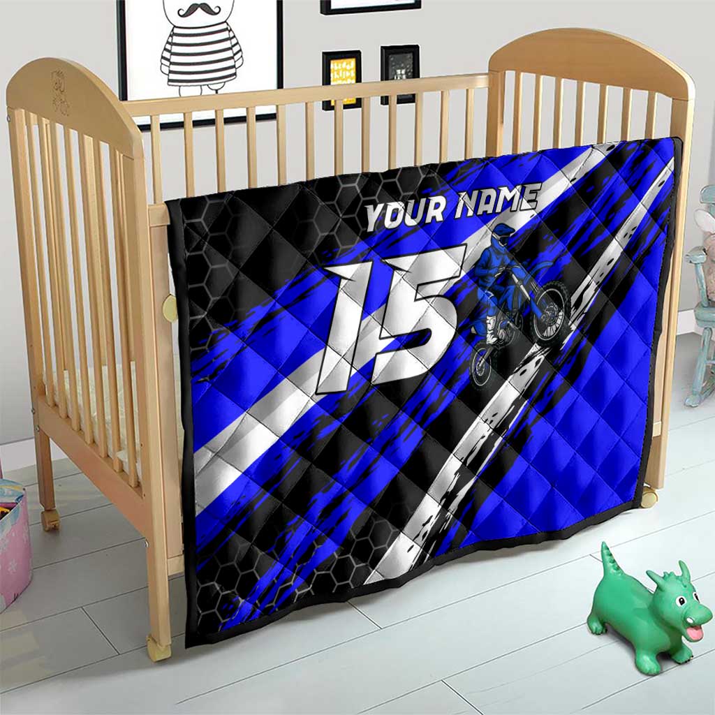 Custom Blue Motocross Quilt with Dirt Bike Rider Graphic Design on Honeycomb Pattern - Wonder Print Shop