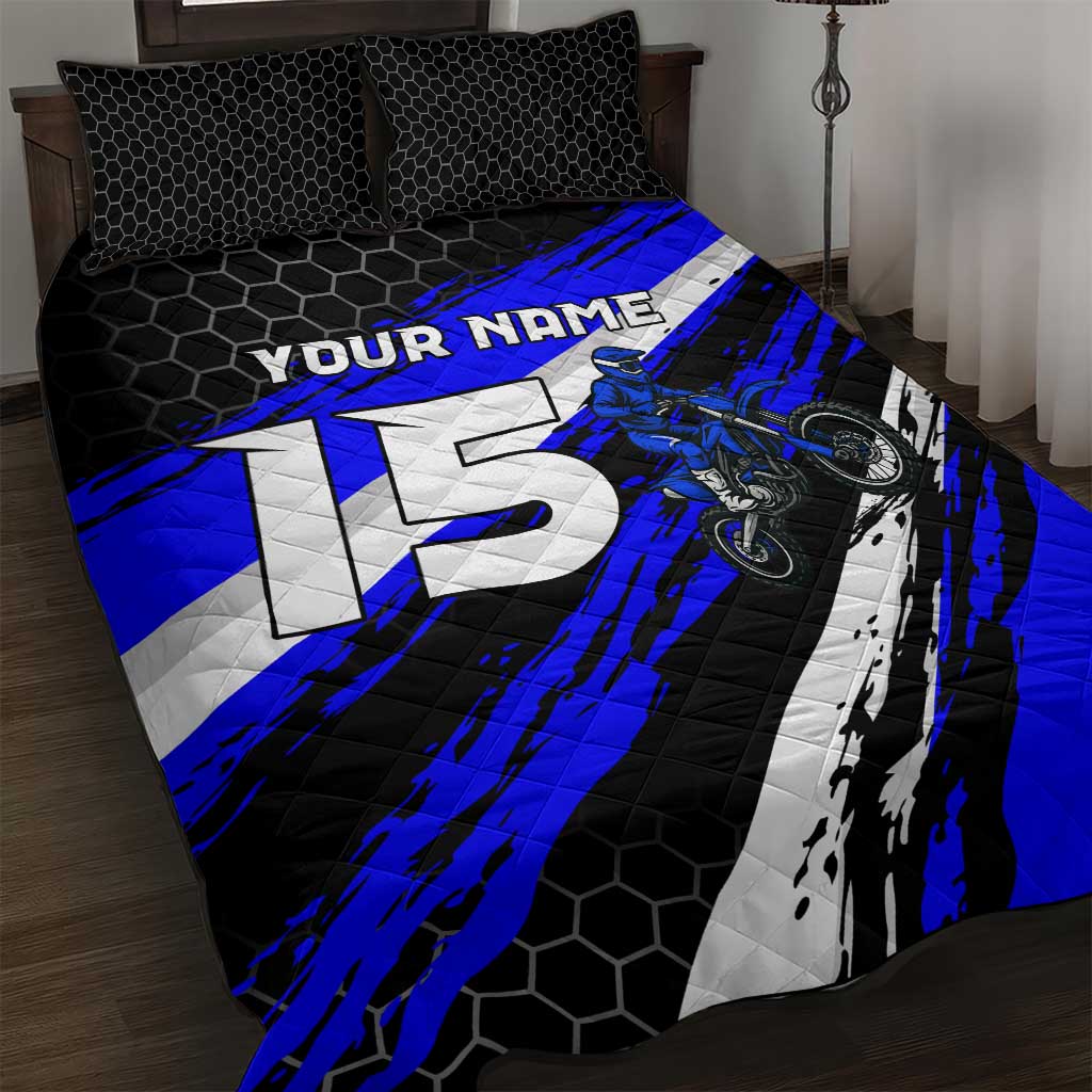 Custom Blue Motocross Quilt Bed Set with Dirt Bike Rider Graphic Design on Honeycomb Pattern - Wonder Print Shop