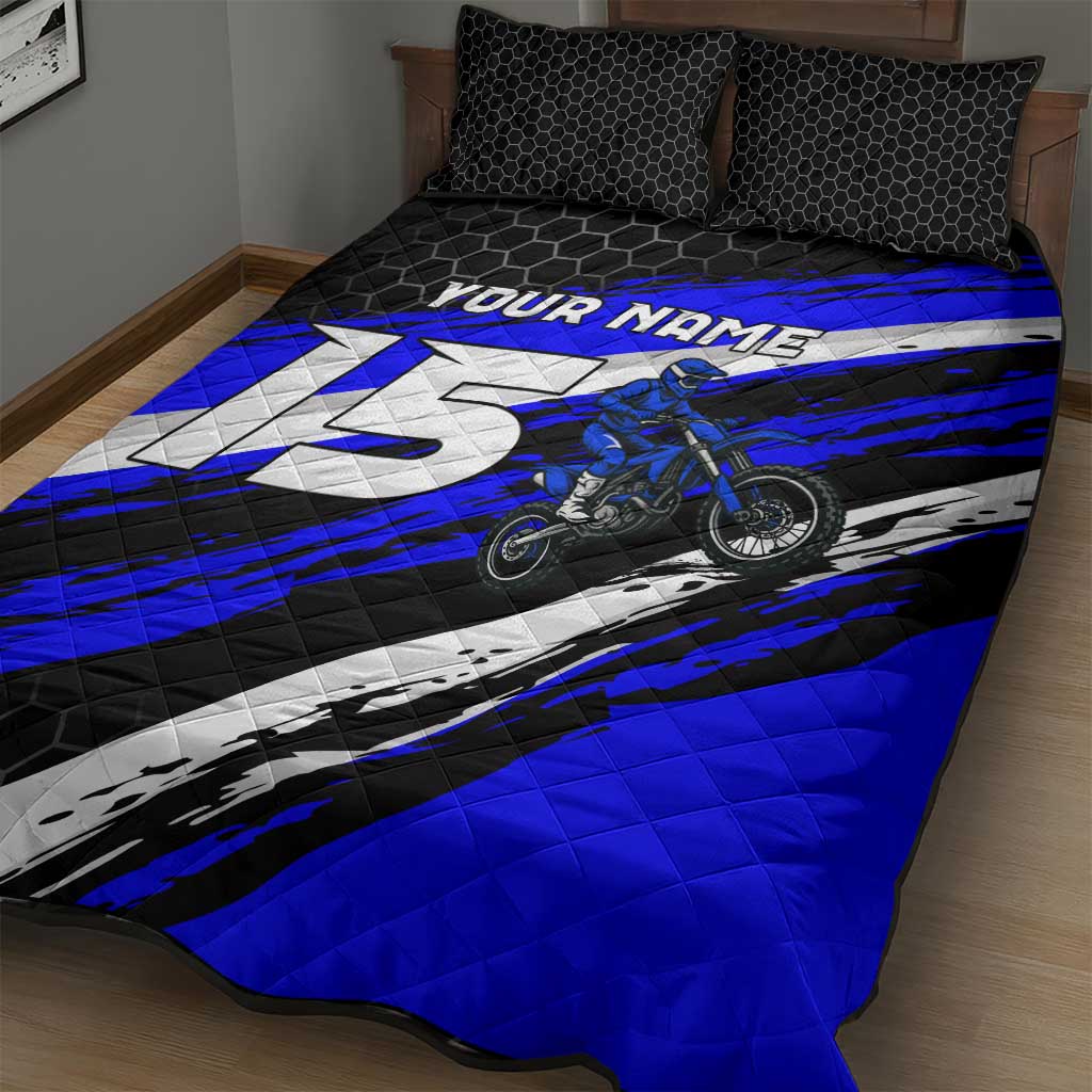 Custom Blue Motocross Quilt Bed Set with Dirt Bike Rider Graphic Design on Honeycomb Pattern - Wonder Print Shop