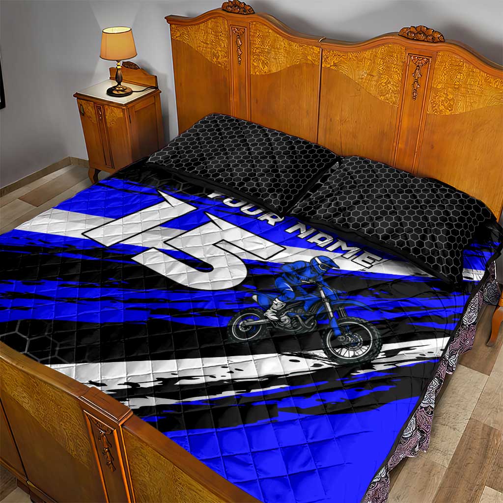 Custom Blue Motocross Quilt Bed Set with Dirt Bike Rider Graphic Design on Honeycomb Pattern - Wonder Print Shop