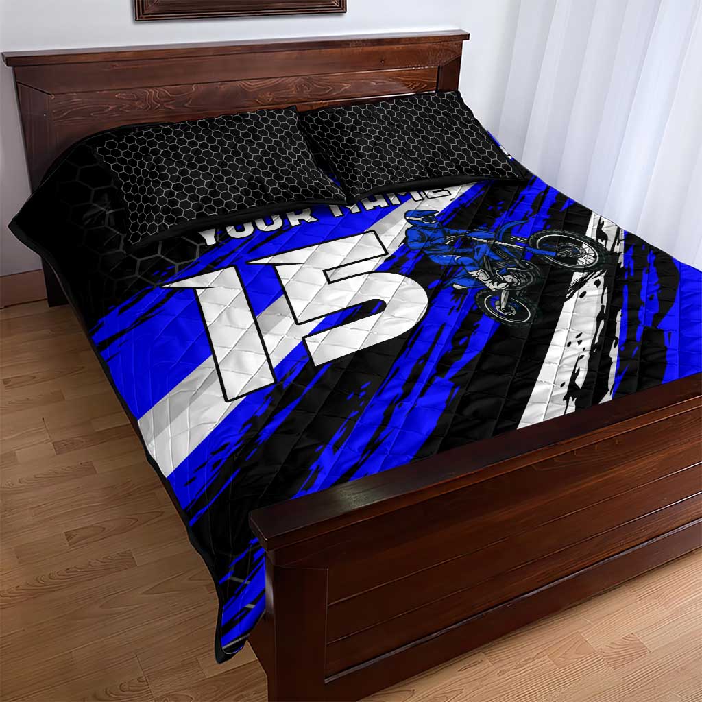 Custom Blue Motocross Quilt Bed Set with Dirt Bike Rider Graphic Design on Honeycomb Pattern - Wonder Print Shop