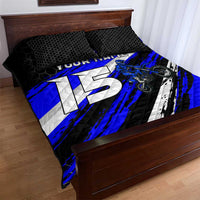 Custom Blue Motocross Quilt Bed Set with Dirt Bike Rider Graphic Design on Honeycomb Pattern - Wonder Print Shop