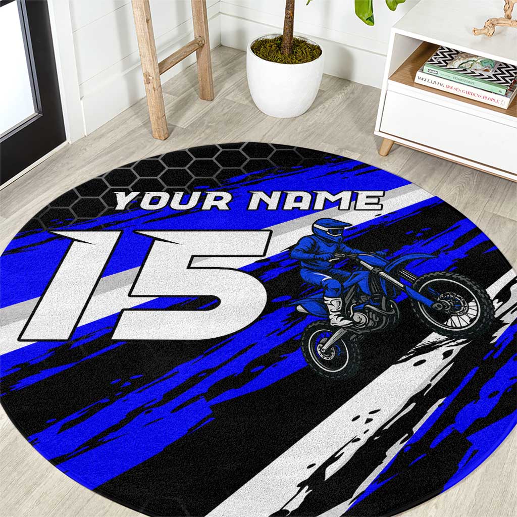 Custom Blue Motocross Round Carpet with Dirt Bike Rider Graphic Design on Honeycomb Pattern - Wonder Print Shop
