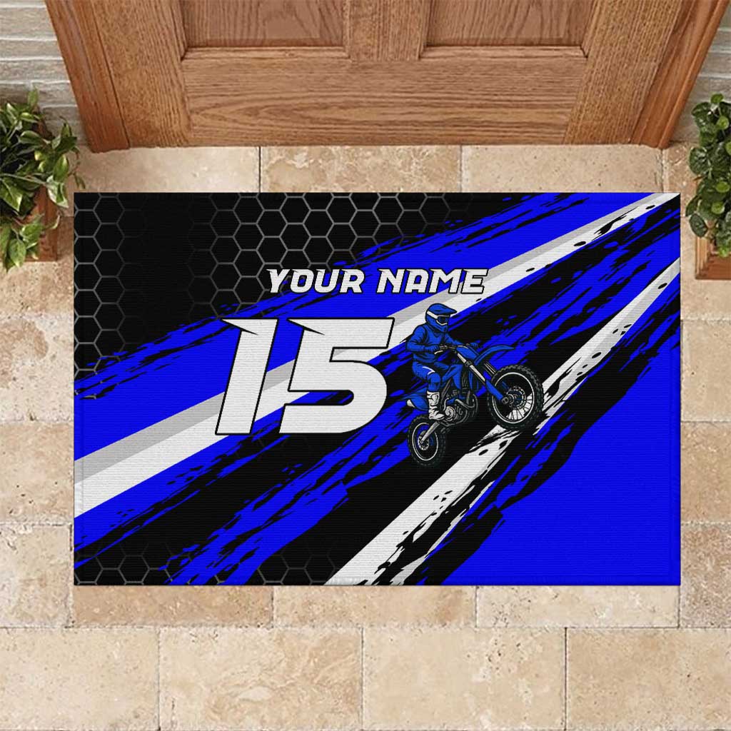 Custom Blue Motocross Rubber Doormat with Dirt Bike Rider Graphic Design on Honeycomb Pattern - Wonder Print Shop