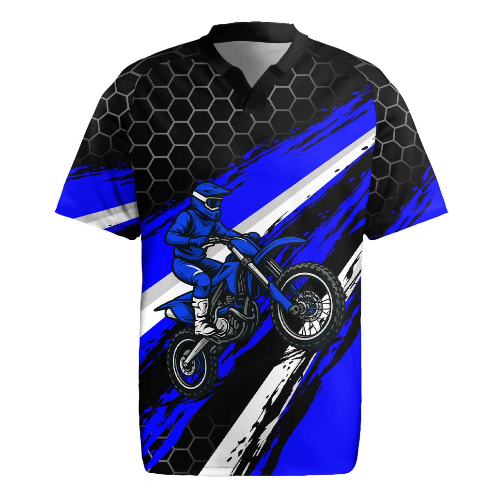 Custom Blue Motocross Rugby Jersey with Dirt Bike Rider Graphic Design on Honeycomb Pattern - Wonder Print Shop