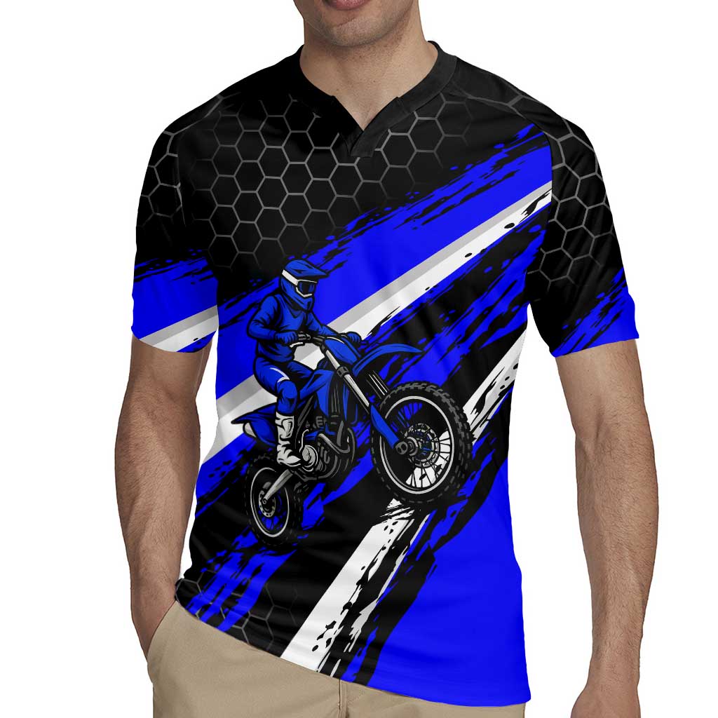 Custom Blue Motocross Rugby Jersey with Dirt Bike Rider Graphic Design on Honeycomb Pattern - Wonder Print Shop