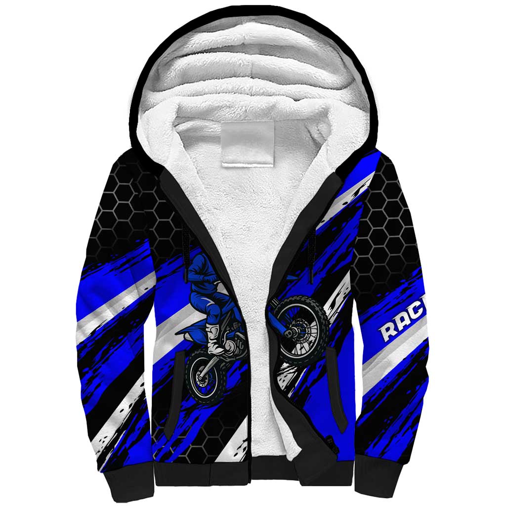 Custom Blue Motocross Sherpa Hoodie with Dirt Bike Rider Graphic Design on Honeycomb Pattern - Wonder Print Shop