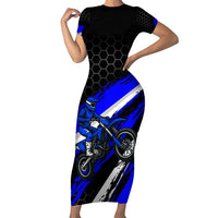 Custom Blue Motocross Short Sleeve Bodycon Dress with Dirt Bike Rider Graphic Design on Honeycomb Pattern - Wonder Print Shop