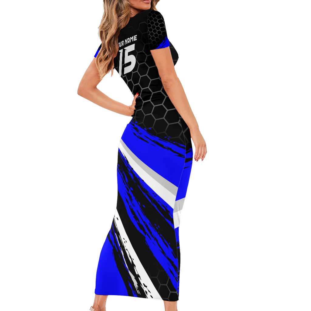 Custom Blue Motocross Short Sleeve Bodycon Dress with Dirt Bike Rider Graphic Design on Honeycomb Pattern - Wonder Print Shop