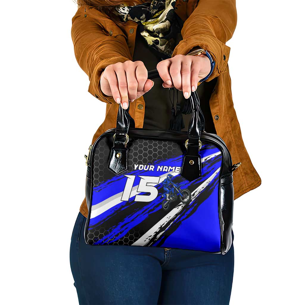 Custom Blue Motocross Shoulder Handbag with Dirt Bike Rider Graphic Design on Honeycomb Pattern - Wonder Print Shop