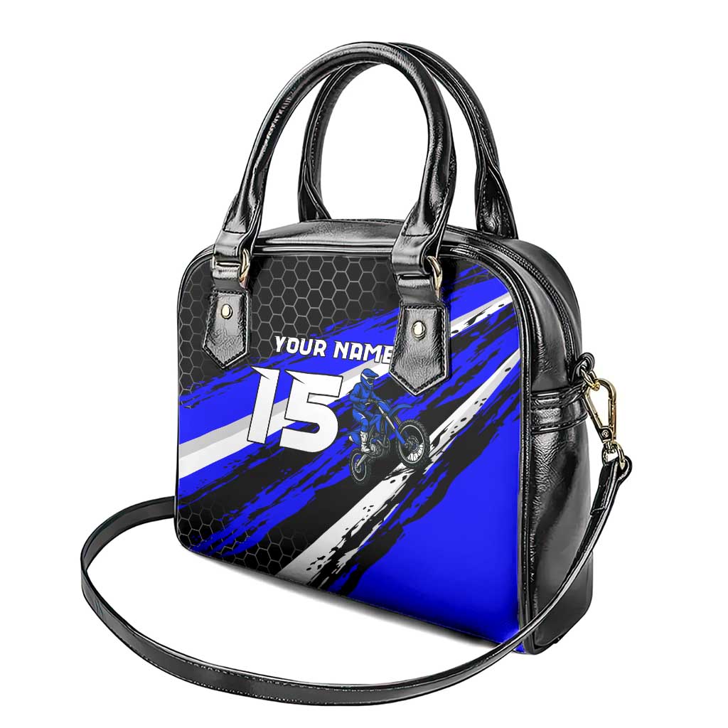 Custom Blue Motocross Shoulder Handbag with Dirt Bike Rider Graphic Design on Honeycomb Pattern - Wonder Print Shop