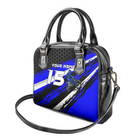 Custom Blue Motocross Shoulder Handbag with Dirt Bike Rider Graphic Design on Honeycomb Pattern - Wonder Print Shop