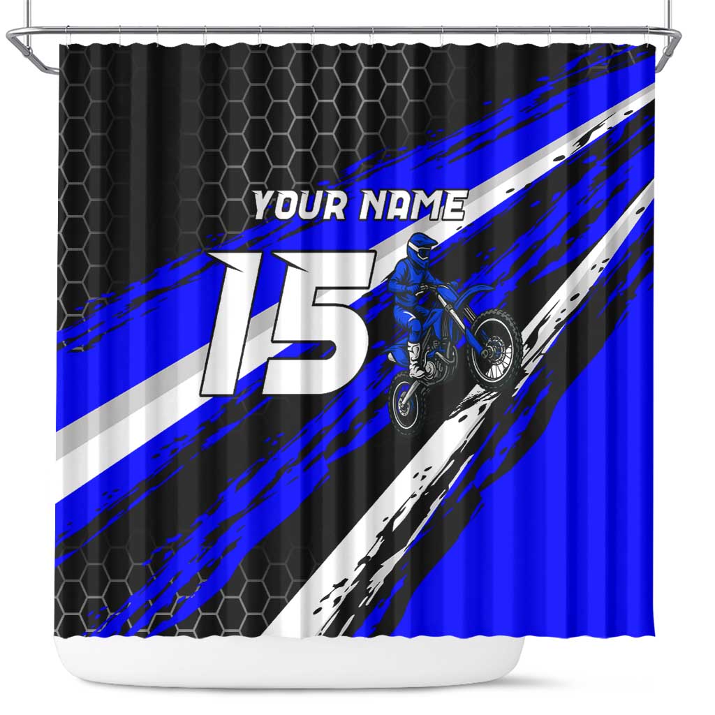Custom Blue Motocross Shower Curtain with Dirt Bike Rider Graphic Design on Honeycomb Pattern - Wonder Print Shop