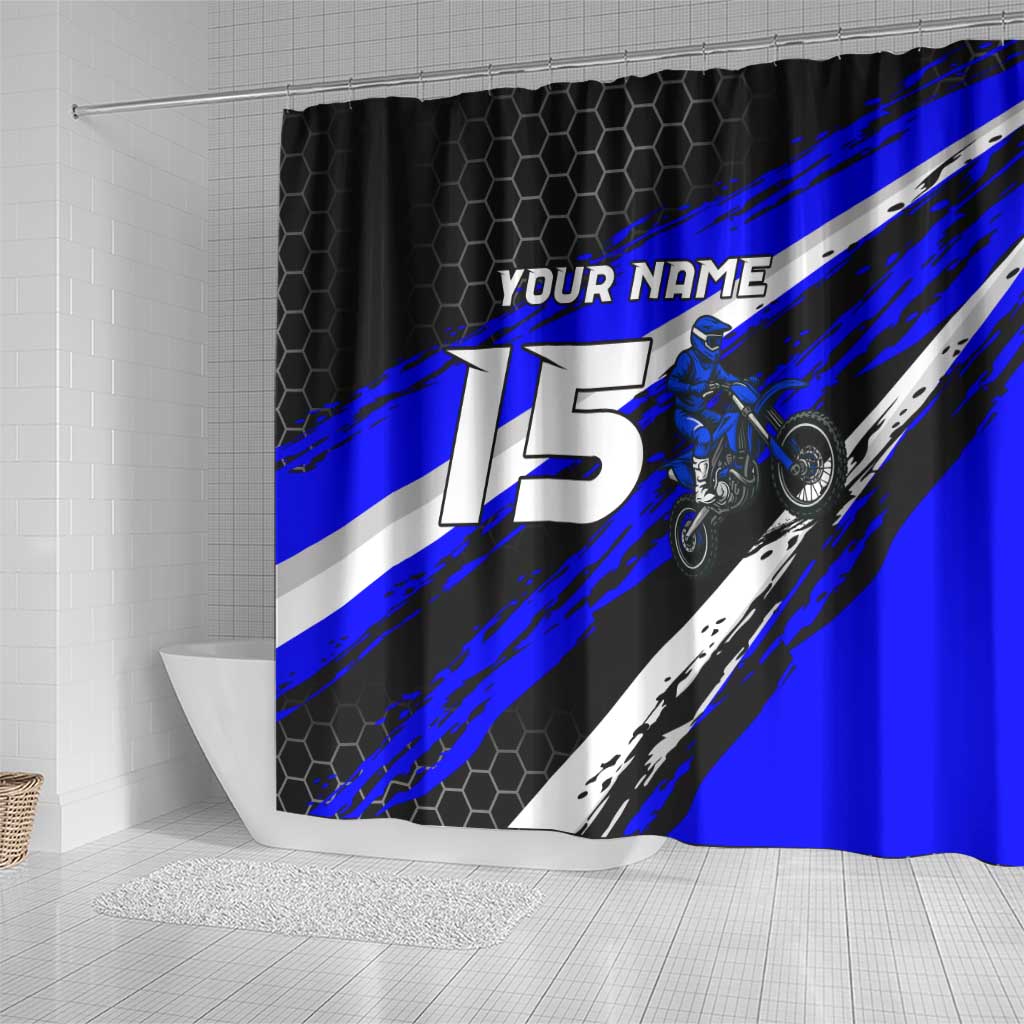 Custom Blue Motocross Shower Curtain with Dirt Bike Rider Graphic Design on Honeycomb Pattern - Wonder Print Shop