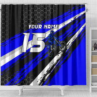 Custom Blue Motocross Shower Curtain with Dirt Bike Rider Graphic Design on Honeycomb Pattern - Wonder Print Shop