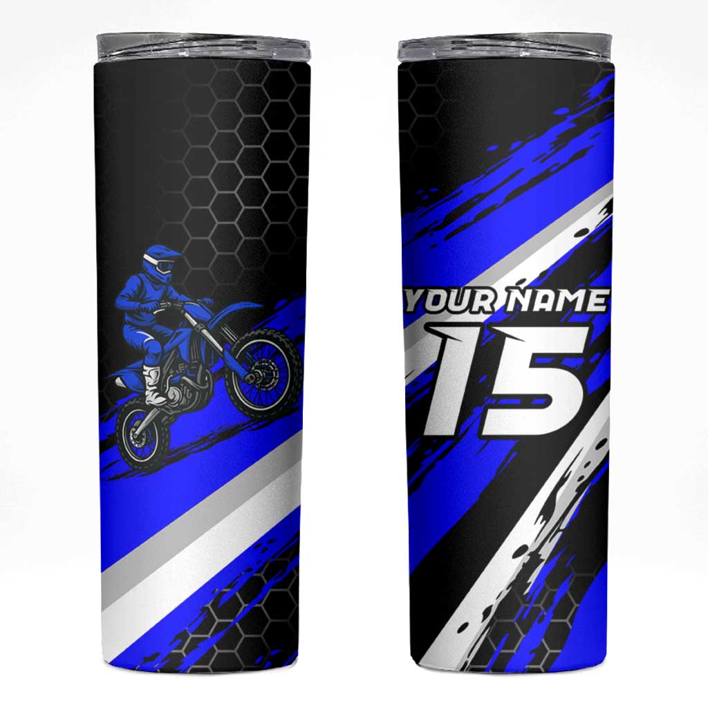 Custom Blue Motocross Skinny Tumbler with Dirt Bike Rider Graphic Design on Honeycomb Pattern - Wonder Print Shop