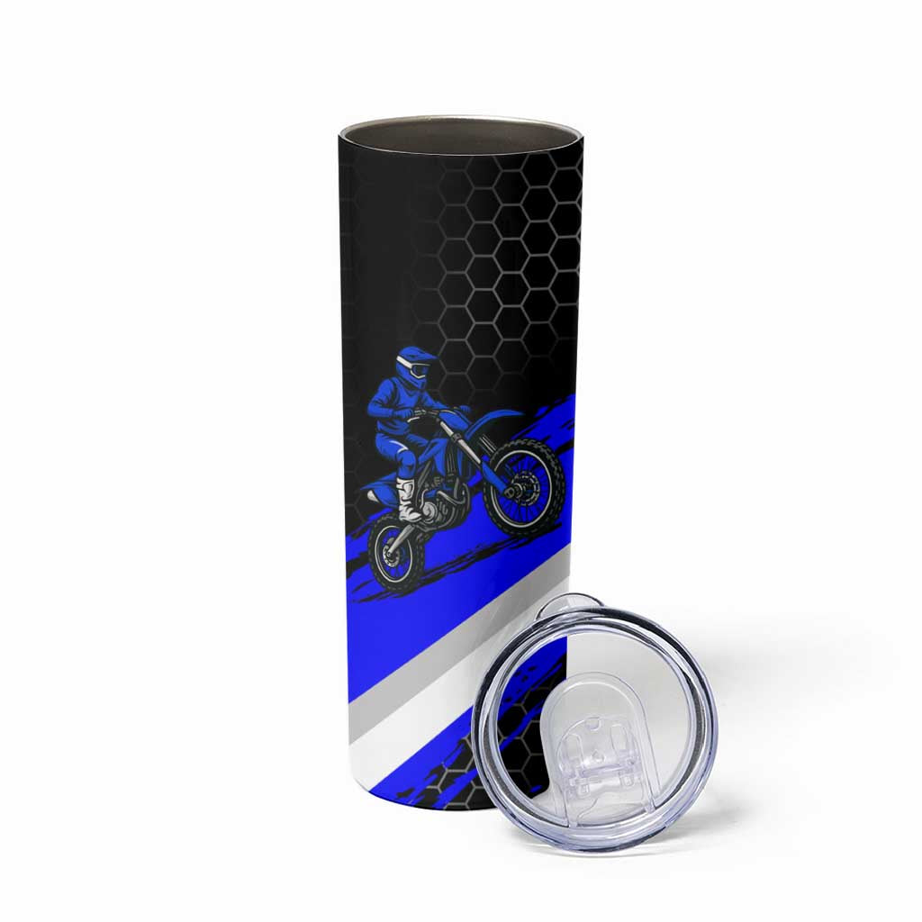 Custom Blue Motocross Skinny Tumbler with Dirt Bike Rider Graphic Design on Honeycomb Pattern - Wonder Print Shop