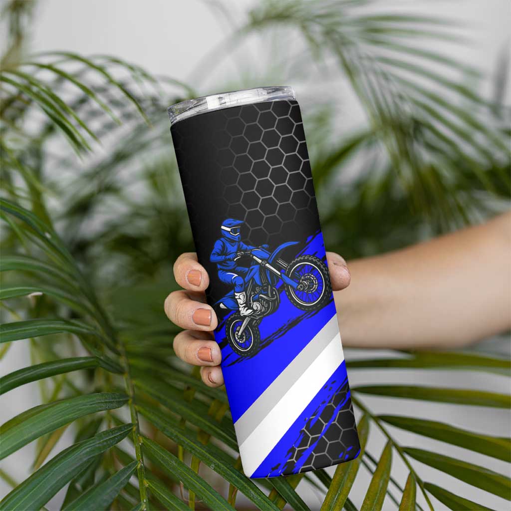 Custom Blue Motocross Skinny Tumbler with Dirt Bike Rider Graphic Design on Honeycomb Pattern - Wonder Print Shop