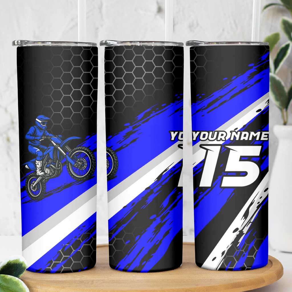 Custom Blue Motocross Skinny Tumbler with Dirt Bike Rider Graphic Design on Honeycomb Pattern - Wonder Print Shop