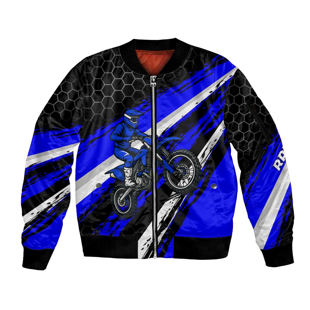 Custom Blue Motocross Sleeve Zip Bomber Jacket with Dirt Bike Rider Graphic Design on Honeycomb Pattern - Wonder Print Shop