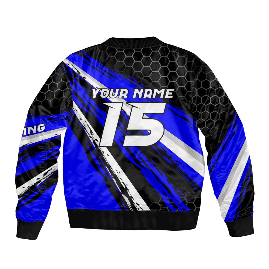 Custom Blue Motocross Sleeve Zip Bomber Jacket with Dirt Bike Rider Graphic Design on Honeycomb Pattern - Wonder Print Shop