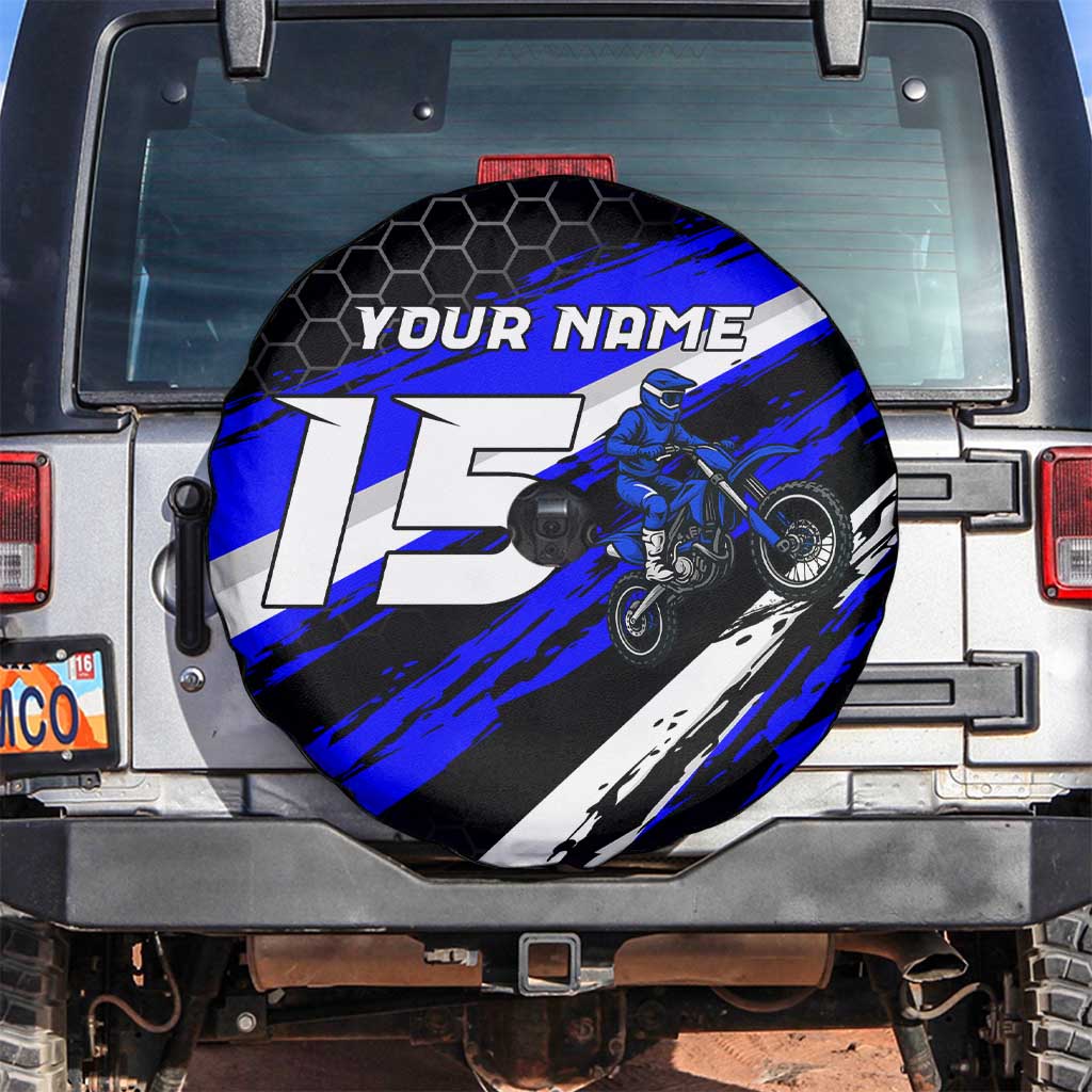 Custom Blue Motocross Spare Tire Cover with Dirt Bike Rider Graphic Design on Honeycomb Pattern - Wonder Print Shop
