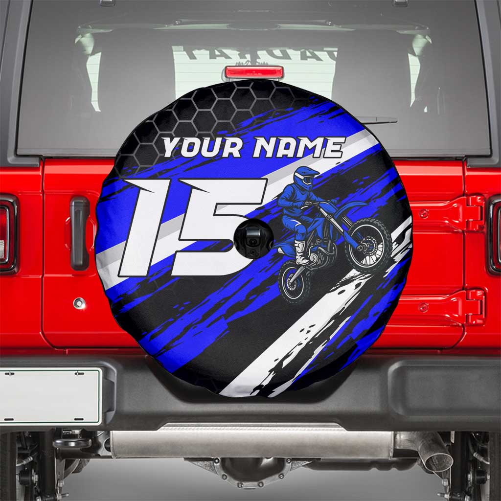 Custom Blue Motocross Spare Tire Cover with Dirt Bike Rider Graphic Design on Honeycomb Pattern - Wonder Print Shop